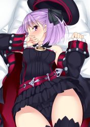 Rule 34 | 1girl, bed sheet, belt, beret, black panties, black skirt, black thighhighs, breasts, coat, corset, covering own mouth, fate/grand order, fate (series), frilled panties, frills, hands up, hat, helena blavatsky (fate), helena blavatsky (third ascension) (fate), highres, lying, nebusoku, on back, on bed, open clothes, open coat, panties, purple eyes, purple hair, short hair, skirt, small breasts, solo, thighhighs, thighs, tsurime, underwear, upskirt