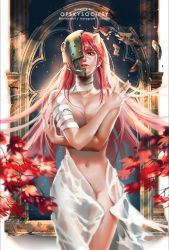 Rule 34 | 1girl, battle damage, breasts, cleavage, elfen lied, helmet, highres, horns, leaves, looking at viewer, lucy (elfen lied), medium breasts, navel, nude, ofskysociety, outdoors, pink eyes, pink hair, scratches, solo, tree