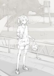 Rule 34 | 1girl, ahoge, bag, cellphone, greyscale, hair ornament, hair scrunchie, highres, holding, holding bag, holding phone, kagerou (kancolle), kantai collection, kappa modoki, long hair, monochrome, phone, scrunchie, shopping bag, shorts, smartphone, thighhighs, twintails