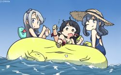 Rule 34 | 3girls, 4others, ahoge, asymmetrical bangs, beige bikini, bikini, black hair, blue bow, blue eyes, blue hair, blue hairband, blue one-piece swimsuit, blue sky, bow, commentary request, competition swimsuit, dated, drink, enemy lifebuoy (kancolle), food, fruit, gotland (kancolle), gradient sky, green eyes, hair bun, hairband, hamu koutarou, hat, highres, kantai collection, long hair, low-tied long hair, mizuho (kancolle), mole, mole under eye, multiple girls, multiple others, one-hour drawing challenge, one-piece swimsuit, one eye closed, purple eyes, sagiri (kancolle), school swimsuit, sidelocks, silver hair, single hair bun, sky, straw hat, sun hat, swept bangs, swimsuit, very long hair, watermelon, yellow bikini