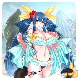 Rule 34 | 1girl, angel wings, asymmetrical wings, bare shoulders, beach, bikini, blue hair, blush, breasts, dizzy (guilty gear), flower, frilled bikini, frills, guilty gear, hair flower, hair ornament, hair ribbon, hair rings, hand on own chest, highleg, highleg swimsuit, highres, large breasts, long hair, looking at viewer, mature female, midriff, monster girl, navel, ocean, off-shoulder bikini, off shoulder, red eyes, ribbon, sky, solo, stomach, swimsuit, tail, tail ornament, tail ribbon, tano t, thick thighs, thigh strap, thighs, twintails, wings