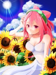 Rule 34 | 10s, 1girl, bad id, bad pixiv id, bare shoulders, blush, breasts, cleavage, deruzo, dress, female focus, flower, hacka doll, hacka doll 2, highres, large breasts, long hair, looking at viewer, pink eyes, pink hair, smile, solo, sun, sundress, sunflower