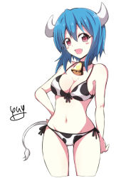 Rule 34 | 1girl, absurdres, animal print, bad id, bad pixiv id, bell, bikini, blue hair, blush, breasts, collar, cow girl, cow horns, cow print, cow tail, fang, female focus, front-tie bikini top, front-tie top, hand on own hip, highres, horns, jashin-chan dropkick, large breasts, looking at viewer, minos (jashin-chan dropkick), navel, neck bell, open mouth, print bikini, red eyes, short hair, side-tie bikini bottom, simple background, solo, standing, swimsuit, tail, white background, yuuki shushu