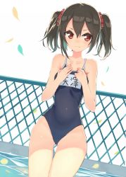 Rule 34 | 10s, 1girl, black hair, bow, competition school swimsuit, hair bow, highres, kame^^, love live!, love live! school idol project, name tag, one-piece swimsuit, red eyes, school swimsuit, short hair, simple background, solo, swimsuit, twintails, yazawa nico