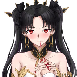 Rule 34 | 1boy, 1girl, black bow, black hair, blood, blush, bow, breasts, cannibalism, chinese commentary, commentary request, earrings, eating, fate/grand order, fate (series), fujimaru ritsuka (male), guro, hair bow, highres, holding hands, hoop earrings, ishtar (fate), jewelry, large breasts, long hair, looking at viewer, parted bangs, pov, red eyes, simple background, solo focus, two side up, upper body, white background, yeklsa