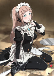 Rule 34 | 1girl, blue eyes, brown hair, felicia (fire emblem), finger in own mouth, fire emblem, fire emblem fates, food, fork, fruit, gradient background, kneeling, long hair, maid, maid headdress, messy, nintendo, plate, polarityplus, ponytail, solo, strawberry, thighhighs, tray