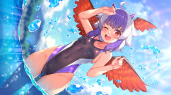 Rule 34 | 1girl, bare arms, bare legs, bare shoulders, bird wings, black one-piece swimsuit, blue hair, blush, breasts, collarbone, commission, competition swimsuit, feathered wings, grey hair, kouzuki tsubasa (musou kaidou), multicolored hair, one-piece swimsuit, one eye closed, open mouth, partially submerged, red eyes, red wings, short hair, skeb commission, small breasts, smile, solo, swimsuit, tokiko (touhou), touhou, two-tone hair, water, wings