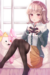 Rule 34 | 1girl, absurdres, bad id, bad pixiv id, bed, black shirt, black thighhighs, blush, bow, brown skirt, collared shirt, commentary request, controller, danganronpa (series), danganronpa 2: goodbye despair, dress shirt, ear bow, flipped hair, game controller, green jacket, hair ornament, hairclip, hands up, highres, holding, holding controller, huge filesize, indoors, jacket, knees up, light brown hair, long sleeves, looking at viewer, medium hair, monomi (danganronpa), nanami chiaki, on bed, open clothes, open jacket, over-kneehighs, pillow, pink eyes, pleated skirt, shirt, shirt tucked in, sitting, skirt, solo, spaceship hair ornament, stuffed animal, stuffed rabbit, stuffed toy, thighhighs, white shirt, window, yulha 06