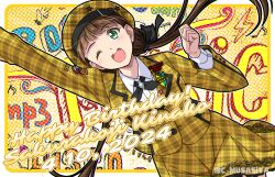 Rule 34 | 1girl, arm up, birthday, blush, brown hair, character name, commentary, dated, english text, green eyes, hat, highres, long hair, looking at viewer, love live!, love live! superstar!!, low twintails, musashiya chougenbou, one eye closed, sakurakoji kinako, smile, solo, twintails, twitter username, upper body