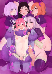Rule 34 | 1boy, 1futa, 3others, ^^^, absurdres, animal ear fluff, arms behind head, astolfo (fate), black hair, character request, closed eyes, closed mouth, commentary request, condom, condom belt, cosplay, dot nose, double v, elbow gloves, fate/grand order, fate (series), florence nightingale (fate), florence nightingale (trick or treatment) (fate), florence nightingale (trick or treatment) (fate) (cosplay), flower censor, foreskin, fujimaru ritsuka (female), full body, futanari, gloves, grey hair, hair between eyes, hakidamari (pixiv20168333), head tilt, highres, light purple hair, looking at viewer, mash kyrielight, mash kyrielight (dangerous beast), mash kyrielight (dangerous beast) (cosplay), minamoto no raikou (fate), multiple condoms, multiple others, navel, newhalf, nipples, official alternate costume, open mouth, orange eyes, orange hair, penis, penis size difference, pink eyes, pink hair, purple background, purple theme, small penis, sweat, tagme, tareme, testicles, thighhighs, trap, trap focus, uncensored, used condom, v