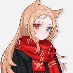 Rule 34 | 1girl, animal ears, archetto (arknights), arknights, black jacket, blonde hair, blue eyes, drop shadow, heterochromia, highres, jacket, jiuyu qame, laterano logo, long hair, looking at viewer, red eyes, red scarf, scarf, sidelocks, simple background, solo, white background