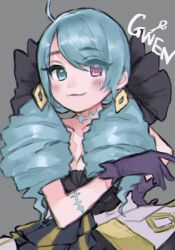 Rule 34 | 1girl, absurdres, ahoge, blue hair, character name, dress, drill hair, gloves, grey background, gwen (league of legends), hand on own hip, highres, league of legends, long hair, multicolored eyes, ribbon, scar, scar on neck, simple background, solo