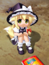 Rule 34 | 1girl, animal ears, bad id, bad pixiv id, blonde hair, bloomers, book, braid, female focus, fox ears, fox tail, hat, kemonomimi mode, kirisame marisa, mary janes, shoes, short hair, solo, tail, touhou, umekichi, underwear, witch, witch hat, yellow eyes, aged down