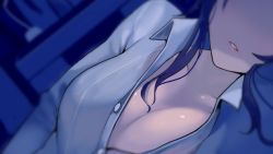 Rule 34 | 1girl, black hair, blurry, breasts, cleavage, depth of field, dutch angle, game cg, head out of frame, indoors, large breasts, lips, long sleeves, lying, night, non-web source, on side, original, parted lips, partially unbuttoned, sidelocks, solo, walzrj