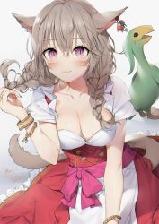 Rule 34 | 1girl, animal, animal ears, blush, bracelet, braid, breasts, brown hair, cat ears, cat tail, cleavage, dated, earrings, facial mark, final fantasy, final fantasy xiv, highres, jewelry, long hair, looking at viewer, medium breasts, miqo&#039;te, red eyes, sitting, slit pupils, tail, twin braids, whisker markings, white background, yana mori