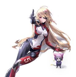 Rule 34 | 1girl, artist request, blonde hair, bodysuit, character request, closed mouth, expressionless, eyepatch, gloves, gun, handgun, long hair, long sleeves, nemesis (tower of fantasy), official art, one eye covered, red eyes, skin tight, solo, tachi-e, tower of fantasy, weapon, white background