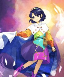 Rule 34 | 1girl, bag, blue cape, blue eyes, blue hair, boots, bow, buttons, cape, cape hold, card, clenched hand, closed mouth, dress, eyebrows hidden by hair, floating card, footwear bow, hair behind ear, hairband, highres, kaigen 1025, long sleeves, looking to the side, multicolored clothes, multicolored dress, multicolored hairband, purple footwear, rainbow gradient, satchel, short hair, solo, sun, swept bangs, tenkyuu chimata, touhou, two-sided cape, two-sided fabric, white bow, white cape, zipper, zipper pull tab