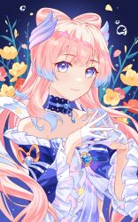Rule 34 | 1girl, bare shoulders, blue bow, blue choker, blue dress, blue eyes, blue hair, bow, choker, closed mouth, commentary request, dress, frilled sleeves, frills, genshin impact, gloves, gradient hair, highres, long hair, long sleeves, looking at viewer, multicolored hair, off-shoulder dress, off shoulder, orikawaz, own hands together, pink hair, sangonomiya kokomi, smile, solo, steepled fingers, upper body, very long hair, white gloves, wide sleeves
