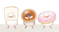 Rule 34 | animal focus, ayu (mog), bird, doughnut, food, food focus, food on face, head tilt, looking at viewer, no humans, original, outline, sandwich, signature, white background, white outline