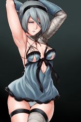 Rule 34 | 1girl, armpits, arms behind head, arms up, black background, breasts, cleavage, cosplay, cowboy shot, cropped jacket, finalcake, hair over one eye, hairband, highres, hip focus, kaine (nier), kaine (nier) (cosplay), leotard, looking at viewer, medium breasts, mole, mole under mouth, nier (series), nier:automata, parted lips, short hair, grey eyes, silver hair, simple background, single thighhigh, solo, thighhighs, thighs, upper body, white leotard, 2b (nier:automata)