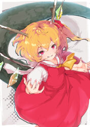 Rule 34 | 1boy, ascot, blonde hair, dragon girl, dragon horns, dragon tail, dress, flandre scarlet, from above, highres, horns, kabochamaronpie, medium hair, red dress, red eyes, side ponytail, smirk, solo, tail, touhou, yellow ascot