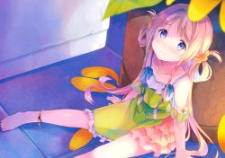 Rule 34 | 1girl, absurdres, anklet, barefoot, blonde hair, blue eyes, blush, collarbone, dress, highres, jewelry, long hair, looking at viewer, ousaka nozomi, sitting, smile, solo, very long hair