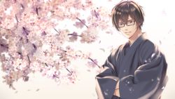 Rule 34 | 1boy, blue eyes, brown-framed eyewear, brown hair, cherry blossoms, commission, crossed arms, flower, glasses, highres, izumi (stardustalone), japanese clothes, kimono, looking at viewer, male focus, official art, original, petals, short hair, smile, solo, upper body, virtual youtuber, white background