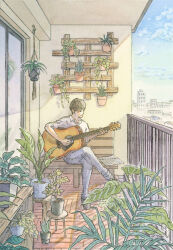 Rule 34 | 1boy, acoustic guitar, balcony, black eyes, blue sky, brown hair, cityscape, collared shirt, commentary, commentary request, day, door, english commentary, full body, glass door, grey footwear, guitar, hanasaki taru, hanging plant, highres, holding, holding guitar, holding instrument, indoors, instrument, looking to the side, male focus, mixed-language commentary, on bench, open collar, original, outdoors, painting (medium), paper, plant, playing guitar, potted plant, railing, shirt, shoes, short hair, sitting, sky, sleeves past elbows, solo, stool, sunlight, traditional media, watercolor (medium), white shirt