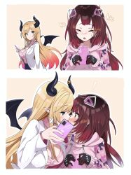 Rule 34 | 2girls, absurdres, android, blonde hair, blush, breasts, brown hair, cellphone, cleavage, coat, demon girl, demon horns, demon wings, gradient hair, green eyes, highres, holding, holding phone, hololive, hood, hoodie, horn ornament, horn ring, horns, implied kiss, large breasts, long hair, long sleeves, multicolored hair, multiple girls, phone, pink hair, pink hoodie, pink shirt, pointy ears, roboco-san, roboco-san (hoodie), satobitob, shirt, short hair, smartphone, virtual youtuber, white coat, wings, yellow eyes, yuri, yuzuki choco, yuzuki choco (1st costume)