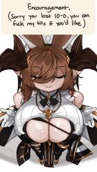 Rule 34 | 1girl, bare shoulders, black ribbon, breast focus, breasts, brown hair, closed eyes, english text, foreshortening, from above, full body, galleon (granblue fantasy), gloves, granblue fantasy, highres, horns, large breasts, paizuri invitation, ribbon, shortstack, solo, standing, torn clothes, white background, white gloves, zanamaoria