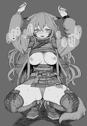 Rule 34 | 1girl, animal ears, arknights, arms up, blush, breasts, ceobe (arknights), coat, dog ears, dog tail, fangs, greyscale, haioku colonel, heart, highres, large breasts, long hair, material growth, monochrome, oripathy lesion (arknights), panties, pantyshot, pussy juice stain, stained panties, sweat, tail, thighhighs, thighs, underwear