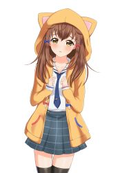 Rule 34 | 1girl, animal hood, arms up, black thighhighs, blue necktie, blue skirt, blush, bow, brown eyes, brown hair, checkered clothes, checkered skirt, cinderella series, cowboy shot, expressionless, hachigatsu no cinderella nine, hair between eyes, hair bow, hair ornament, head tilt, highres, hood, hooded coat, leaning to the side, long hair, long sleeves, looking at viewer, miniskirt, necktie, parted lips, sailor collar, school uniform, serafuku, sidelocks, simple background, skirt, sleeve cuffs, solo, thighhighs, tie clip, ukita akane, white background, white sailor collar, x hair ornament, ymwegk, zettai ryouiki