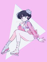 Rule 34 | 1girl, absurdres, blue eyes, breasts, en 0410, highres, ice skates, invisible chair, legs, official alternate costume, pink background, ranma 1/2, short hair, sitting, skates, solo, tendou akane, triangle, twitter username