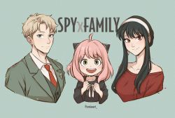 Rule 34 | 1boy, 2girls, :d, ahoge, anya (spy x family), black dress, black hair, blonde hair, blue eyes, blush, collarbone, collared shirt, commentary, copyright name, cropped torso, dress, earrings, family, green eyes, hair ornament, hairband, highres, jacket, jewelry, long hair, looking at viewer, multiple girls, necktie, off-shoulder dress, off shoulder, open mouth, pink hair, red eyes, red necktie, ribbon, shirt, simple background, single earring, smile, soniaaart, spy x family, suit jacket, sweater, sweater dress, teeth, twilight (spy x family), twitter username, upper teeth only, vest, white ribbon, white shirt, wing collar, yor briar
