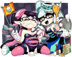 Rule 34 | 2girls, bare shoulders, belly, bowl, breasts, callie (splatoon), chopsticks, cleavage, collaboration, cousins, detached collar, dress, eating, egg, fangs, feeding, flag, force-feeding, full mouth, gashi-gashi, highres, inflation, inkling, marie (splatoon), mole, mole under eye, multiple girls, nintendo, pantyhose, rice, rice bowl, rice cooker, runny nose, short jumpsuit, simple background, snot, soy sauce, splatoon (series), splatoon 1, spoon, strapless, strapless dress, sweat, tears, tentacle hair, yoshino norihito