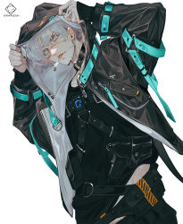 Rule 34 | 1boy, adjusting hood, artist name, black pants, black shirt, blue eyes, chest harness, chinese commentary, cigarette, collar, commentary request, crossdraw holster, earrings, facial hair, grandia lee, gun, hands up, harness, highres, hood, hood up, hooded jacket, jacket, jewelry, long sleeves, looking at viewer, male focus, open clothes, open jacket, original, pants, parted lips, ring, scar, scar on face, shirt, short hair, silver hair, simple background, smoking, solo, stubble, stud earrings, upper body, weapon, white background