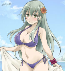 Rule 34 | 1girl, aqua eyes, aqua hair, bikini, blue sky, breasts, cleavage, cloud, commentary request, cowboy shot, day, gakky, hair ornament, hairclip, kantai collection, large breasts, long hair, ocean, official alternate costume, one-hour drawing challenge, outdoors, purple bikini, sarong, scrunchie, side-tie bikini bottom, sky, solo, suzuya (kancolle), swimsuit, wrist scrunchie
