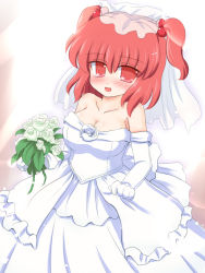 Rule 34 | 1girl, alternate costume, blush, breasts, bride, cleavage, collarbone, dress, female focus, flower, gloves, hair bobbles, hair ornament, medium breasts, onozuka komachi, red eyes, red hair, ry (yagoyago), short twintails, solo, touhou, twintails, two side up, wedding dress