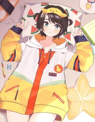 Rule 34 | 1girl, absurdres, airpods, alternate costume, alternate hairstyle, aqua eyes, blush, bra, bra peek, cellphone, collarbone, cropped shirt, cushion, dot nose, eraser, food, fruit, fruit print, hairband, highres, hiro (hiro uniuni), hololive, hood, hooded jacket, jacket, looking at viewer, loungewear, lying, mechanical pencil, multicolored clothes, multicolored jacket, multicolored nails, nail polish, notebook, official alternate costume, official alternate hairstyle, on back, oozora subaru, oozora subaru (loungewear), open mouth, orange bra, pencil, phone, pillow, shirt, short hair, short sleeves, smartphone, solo, subaru duck, swept bangs, two side up, underwear, virtual youtuber, watermelon, wireless earphones, yellow shirt