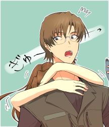 Rule 34 | 1boy, 1girl, aida kensuke, alcohol, arms around neck, bare arms, beard, brown hair, clothed male nude female, cup, drinking glass, evangelion: 3.0+1.0 thrice upon a time, facial hair, glasses, hand up, highres, hug, hug from behind, long hair, looking back, neon genesis evangelion, nude, open mouth, rebuild of evangelion, souryuu asuka langley, surprised, translation request