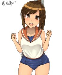 Rule 34 | 10s, 1girl, absurdres, blouse, blue one-piece swimsuit, brown eyes, brown hair, cowboy shot, hair ornament, hairclip, highres, i-401 (kancolle), kantai collection, kiritto, leaning forward, looking at viewer, one-piece swimsuit, one-piece tan, open mouth, orange sailor collar, ponytail, sailor collar, sailor shirt, school swimsuit, shirt, short hair, short ponytail, simple background, sleeveless, sleeveless shirt, solo, swimsuit, swimsuit under clothes, tan, tanline, twitter username, white background, white shirt