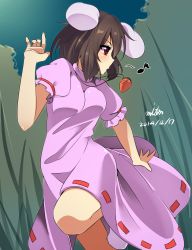 Rule 34 | 1girl, absurdres, animal ears, brown hair, carrot, carrot necklace, dated, dress, highres, inaba tewi, jewelry, miton (turuyasann), musical note, necklace, pendant, pink dress, rabbit ears, red eyes, short hair, solo, touhou, whistling