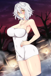 Rule 34 | 1girl, armpits, artist name, bare shoulders, blush, breasts, code vein, collarbone, dusk, hand on own hip, in water, io (code vein), jewelry, large breasts, lindaroze, looking at viewer, naked towel, necklace, onsen, patreon username, short hair, signature, solo, thighs, towel, twitter username, wading, water, wet, white hair, yellow eyes