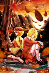 Rule 34 | 2girls, aki minoriko, aki shizuha, apron, arms on knees, autumn, autumn leaves, back-to-back, barefoot, basket, blonde hair, bobby socks, breasts, brown footwear, brown skirt, cloud, commentary request, dress, elcid company, expressionless, falling leaves, food, food-themed hair ornament, from side, fruit, gradient sky, grape hair ornament, hair ornament, hat, head tilt, highres, holding, holding basket, knees up, leaf, leaf hair ornament, long sleeves, looking at viewer, looking down, maple leaf, medium breasts, mob cap, mountain, multiple girls, on ground, parted lips, persimmon, red dress, red headwear, rice, shirt, short hair, siblings, sideways glance, sisters, sitting, skirt, sky, socks, sweet potato, touhou, tree, twilight, wariza, water, white legwear, yellow eyes, yellow shirt