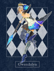 Rule 34 | 1girl, argyle, argyle background, argyle clothes, armor, armored dress, blue background, character name, dress, gwendolyn (odin sphere), odin sphere, painttool sai (medium), polearm, solo, spear, strapless, strapless dress, tanmomo, thighhighs, weapon