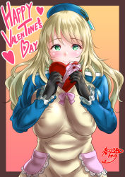 Rule 34 | 10s, 1girl, apron, atago (kancolle), beret, black gloves, blonde hair, blush, bow, breasts, candy, chocolate, chocolate heart, food, frilled sleeves, frills, gloves, green eyes, hat, heart, holding, holding chocolate, holding food, jacket, kantai collection, kasugano tobari, large breasts, long hair, long sleeves, military, military uniform, smile, solo, uniform, valentine