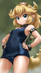 Rule 34 | 1girl, aged down, alternate costume, armlet, blonde hair, blue eyes, blue one-piece swimsuit, blue school swimsuit, blurry, bowsette, bracelet, cameltoe, closed mouth, collar, commentary request, cowboy shot, crown, depth of field, earrings, fang, fang out, female focus, from below, from side, green background, hair flaps, hands on own hips, jewelry, looking at viewer, looking down, mario (series), new super mario bros. u deluxe, nintendo, old school swimsuit, one-piece swimsuit, pointy ears, ponytail, rohitsuka, school swimsuit, short hair, smile, solo, spiked armlet, spiked bracelet, spiked collar, spikes, split mouth, standing, super crown, swimsuit, tail, thighs, v-shaped eyebrows
