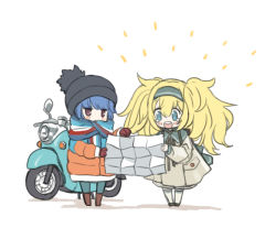 Rule 34 | 2girls, :d, beanie, blonde hair, blue eyes, blue hair, blush, casual, chibi, closed mouth, commentary request, crossover, gambier bay (kancolle), gloves, hair between eyes, hairband, hat, kantai collection, long hair, long sleeves, makishima azusa, map, messy hair, motor vehicle, motorcycle, multiple girls, open mouth, purple eyes, red eyes, scarf, shima rin, simple background, smile, tears, twintails, white background, yurucamp