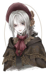 Rule 34 | 1girl, absurdres, ascot, bloodborne, bonnet, cloak, closed mouth, commentary request, dress, flower, green eyes, hat, highres, long hair, looking at viewer, plain doll, rose, simple background, solo, swept bangs, white background, white hair, yonglai tian
