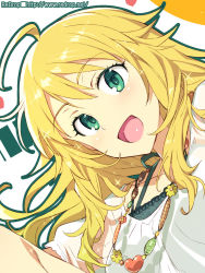 Rule 34 | 1girl, ahoge, blonde hair, close-up, green eyes, hoshii miki, idolmaster, idolmaster (classic), jewelry, long hair, necklace, open mouth, redrop, smile, solo, watermark, web address